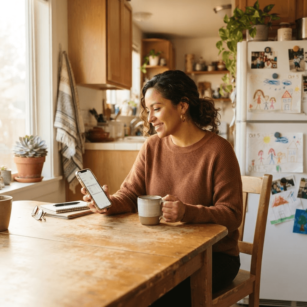 A woman reviewing invoices on her phone at a sunny kitchen table
