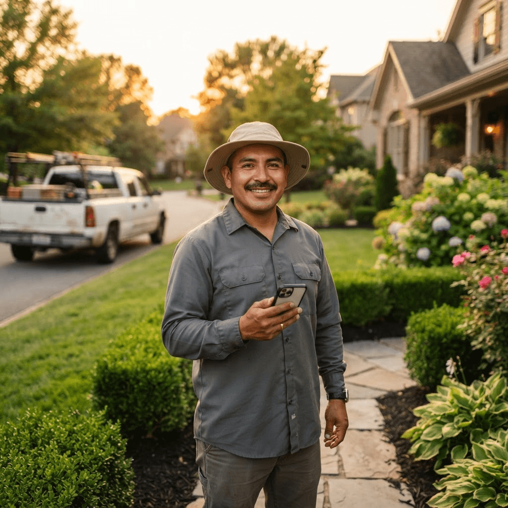 A landscaper standing proudly in a finished front yard, holding his phone